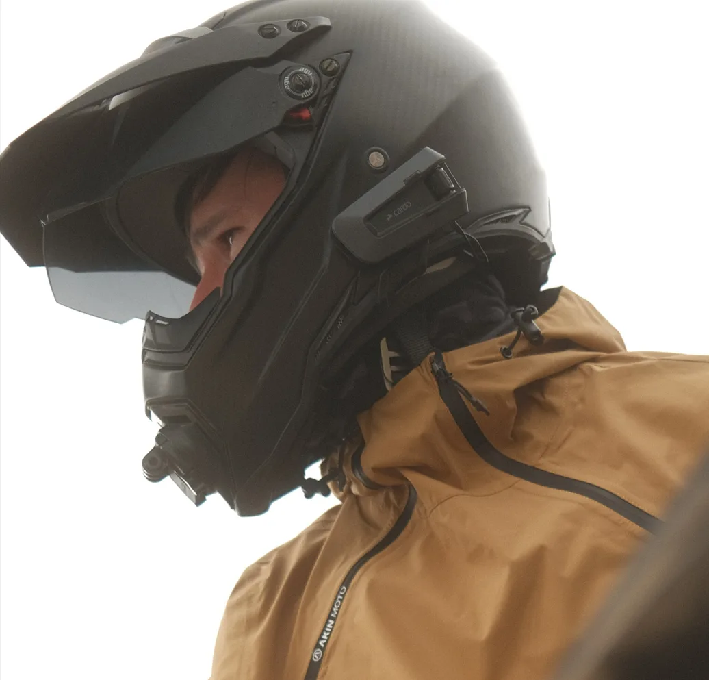 David wearing a motorcycle helmet and riding jacket